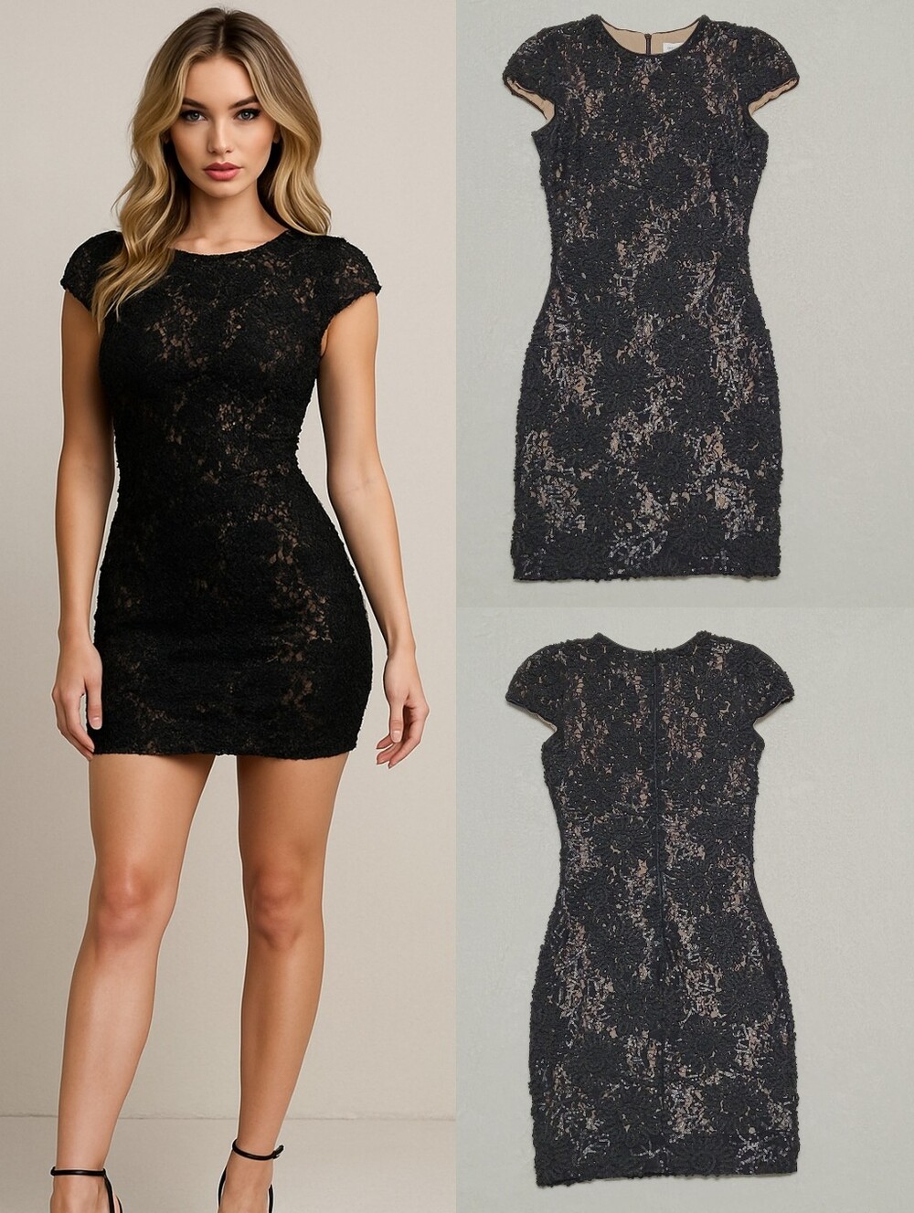 Vintage Y2K Dress the Population Black Lace Sequin Rosette Cap Sleeve Mini Dress